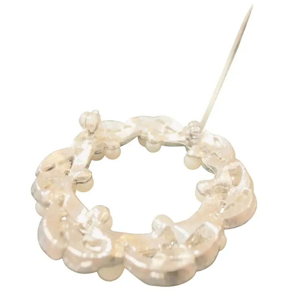 Vintage Silver-Tone Leaf Wreath Brooch with Faux Pearls | Mid-Century Circle Pin